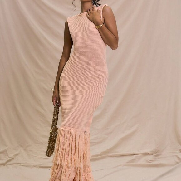 Dresses & Skirts - Pink Party Women's Sleeveless Ribbed Maxi Sweater Dress with Frill Fray Hem